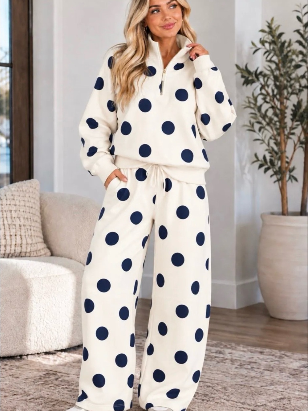 Zenana Polka Dot Wide-Leg Lounge Pants & Halfzip Pulliver Set Cream/Navy